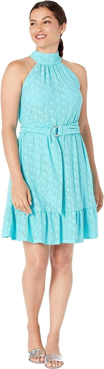 MICHAEL KORS Womens Eyelet Mock-Neck Mini Dress Turquoise Blue Size M MSRP $140