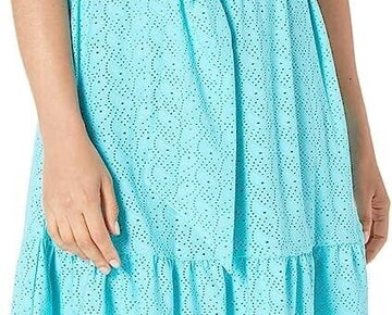 MICHAEL KORS Womens Eyelet Mock-Neck Mini Dress Turquoise Blue Size XL MSRP $140