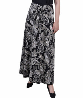 NY Collection Petite Printed Maxi Skirt Sash Waist Tie Onyx Paisley Size PL