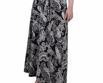 NY Collection Petite Printed Maxi Skirt Sash Waist Tie Onyx Paisley Size PL