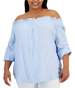 Tommy Hilfiger Plus Size 2X Printed Off-the-Shoulder ruffle Top Stripe Blue $90