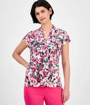 Kasper Floral-Print V-neck polyester Top Pink Petite Size PS SALE