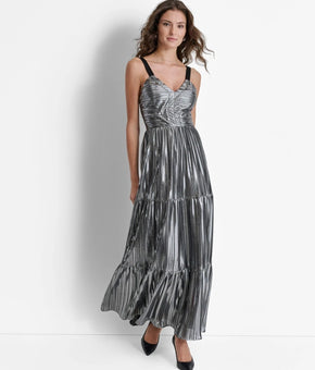 DKNY Women's Foil Pliss? V-Neck Sleeveless Maxi Dress Silver Size S MSRP $189
