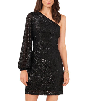1.STATE Women's Sequin One Sleeve Mini Dress Black Size XS MSRP $119
