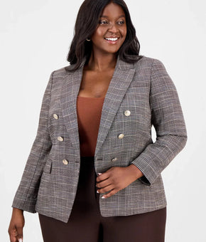 Tahari ASL Plus Size 14W Brown Plaid Peak Lapel Double-Breasted Blazer $179