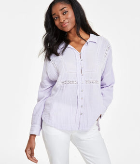 Lucky Brand Women's Lace-Trim Gauze Shirt Purple Size XL MSRP $80
