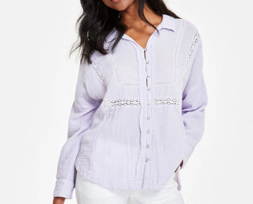 Lucky Brand Women's Lace-Trim Gauze Shirt Purple Size XL MSRP $80