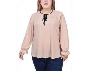 NY Collection Plus Size Long Sleeve Tie Neck Top Size 1X Peach Orange