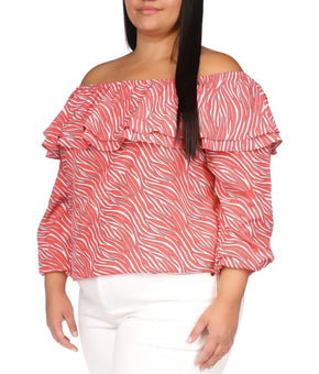 Michael Kors Women's Top Plus Size 1X Zebra-Print Ruffled Peasant Pink MSRP $88