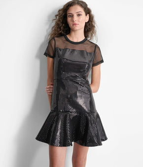 DKNY Women's Sequin Ruffled-Hem Mini Dress Black Size 14 MSRP $199
