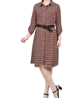 NY Collection Womens Petites Paisley Pocket Shirtdress Brown Size PM