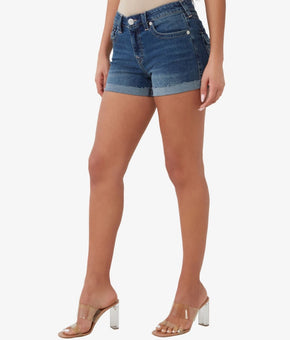 True Religion Women's Jennie Flap Rolled Mid rise Denim Shorts Blue Size 26 $119