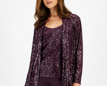 Anne Klein Women's Purple Sequin Embellished Open-Front Jacket Size XL