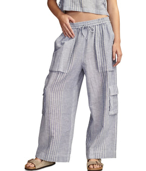 Lucky Brand Womens Drawstring Linen-Blend Blue Pants Stripe Size XL