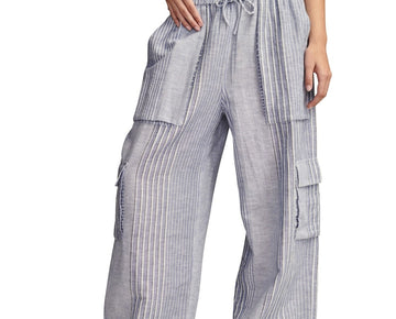 Lucky Brand Womens Drawstring Linen-Blend Blue Pants Stripe Size XL