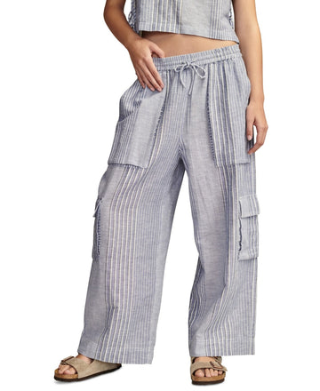 Lucky Brand Womens Drawstring Linen-Blend Blue Pants Stripe Size XL