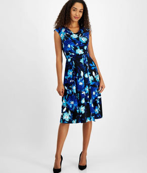 Kasper Women's Petite Floral Cowlneck Fit & Flare Dress Blue Size 8P MSRP $89