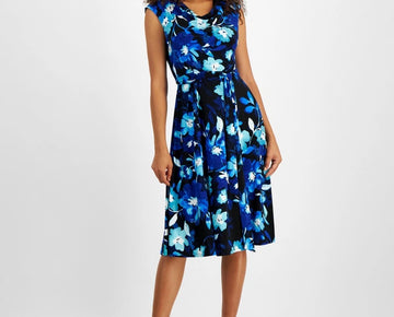 Kasper Women's Petite Floral Cowlneck Fit & Flare Dress Blue Size 8P MSRP $89