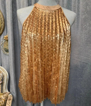 T Tahari Women's Sequined Pleated Halter Neck Party Top Gold Size 10 MSRP $98