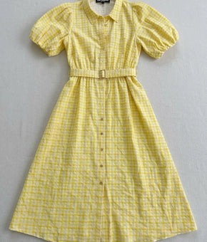 Karl Lagerfield Paris Easter Spring Yellow Plaid 3/4 Length Dress Size 10 Belted