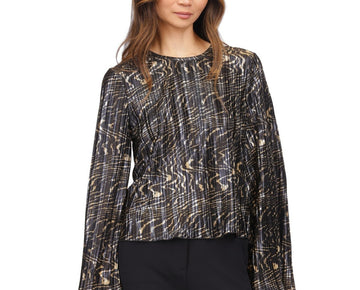 Michael Kors Women Printed Pleated Bell-Sleeve Top Black Gold Size XL MSRP $110