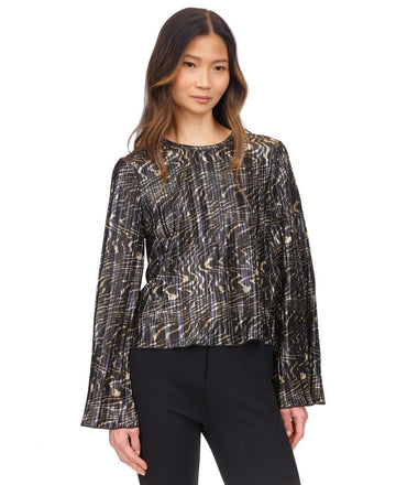 Michael Kors Women Printed Pleated Bell-Sleeve Top Black Gold Size XL MSRP $110