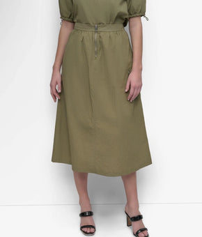 DKNY Skirt Women Size S Utility Green A Line Midi Polka Dot Zip Pockets $109