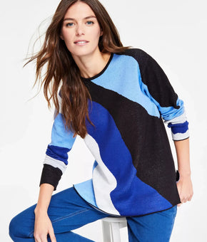 Jones New York Women Colorblocked Waves Round-Neck Sweater Blue Size M MSRP $100