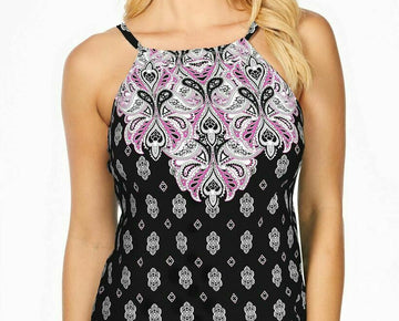 Island Escape Sands Cali Printed Tankini Swim Top Womens black Size 10 MSRP $35