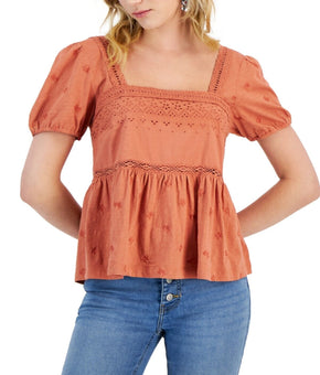 LUCKY BRAND Cotton Schiffley Embroidered Peplum-Hem Top Brick Red Size XL $90