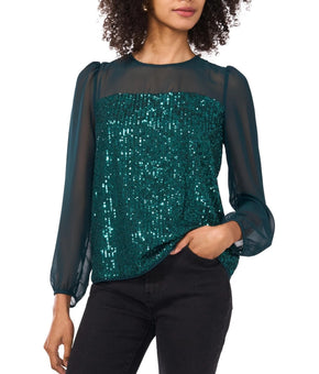 Vince Camuto Women's Sequin Crewneck Blouson Sleeve Top Green Size XS MSRP $89