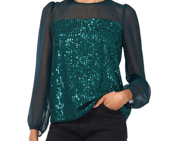 Vince Camuto Women's Sequin Crewneck Blouson Sleeve Top Green Size XS MSRP $89