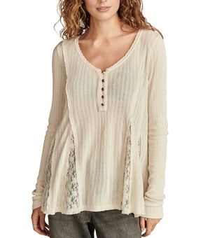 Lucky Brand Women's Henley V-Neck Lace-Godet Swing Top Size L Beige MSRP $70