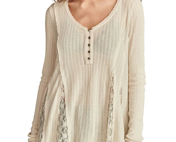 Lucky Brand Women's Henley V-Neck Lace-Godet Swing Top Size L Beige MSRP $70