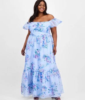 B Darlin Trendy Plus Size 22W Off-The-Shoulder Floral-Print Gown Blue MSRP $119