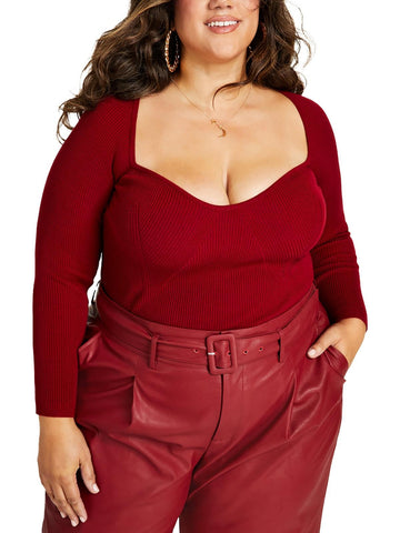 Nina Parker Womens Plus Ribbed Sweetheart Pullover Sweater Size 3X Burgundy Red