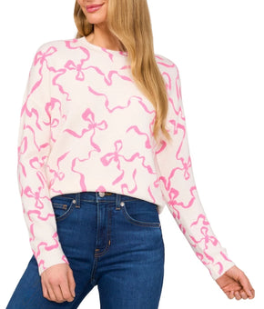 CeCe Women's Ribbon Bows Crewneck Long-Sleeve Sweater Ivory Size L MSRP $79