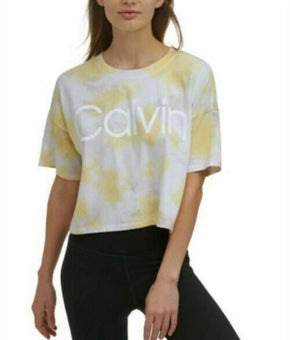 Calvin Klein Womens Performance Cropped Tie-Dyed T-Shirt Size M Yellow