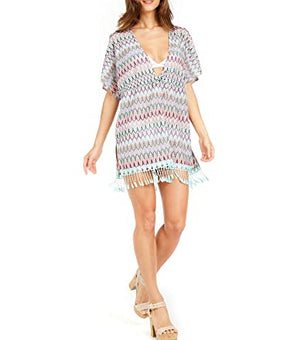 Miken Women's Flame Stitch Fringe Kimono, Size S Pink/Turquoise