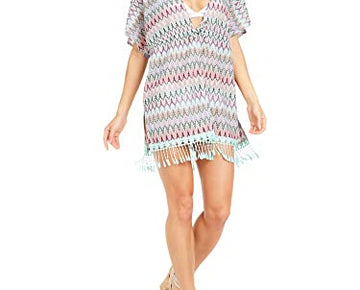 Miken Women's Flame Stitch Fringe Kimono, Size S Pink/Turquoise