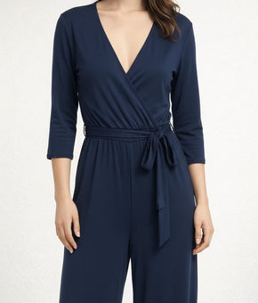 NY Collection Jumpsuit Womens Petite Size PL Navy Wrap 3/4 Sleeve Tie Waist
