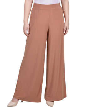 NY Collection Mid Rise Pull On Wide-Leg Palazzo Pant Camel Brown Petite Size PXL
