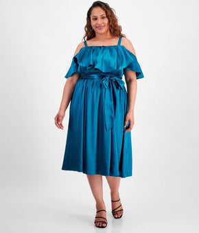 City Studios Ruffled Square-Neck Cold-Shoulder Midi Dress Blue Plus Size 2X $89