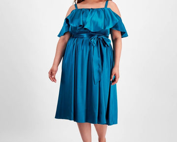 City Studios Ruffled Square-Neck Cold-Shoulder Midi Dress Blue Plus Size 2X $89