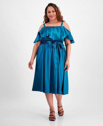City Studios Ruffled Square-Neck Cold-Shoulder Midi Dress Blue Plus Size 2X $89
