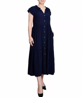 NY Collection Petite Short Sleeve Blue Navy Long Button Dress Size PM MSRP $58