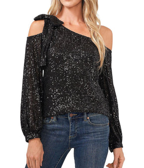 CeCe womens One Shoulder Bow Blouse, Size L, Black