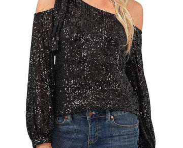 CeCe womens One Shoulder Bow Blouse, Size L, Black