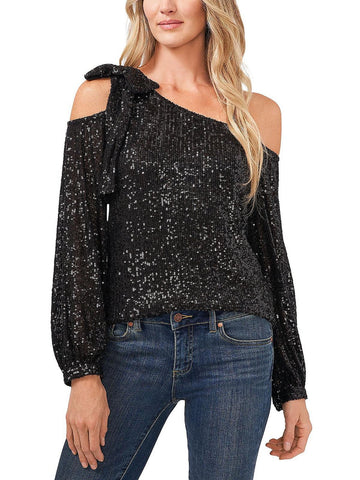 CeCe womens One Shoulder Bow Blouse, Size L, Black