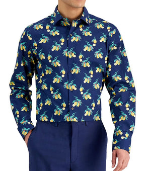 Bar III Lemon Cotton Slim Fit Button-Down Shirt Blue Yellow Size 16/16.5 $65